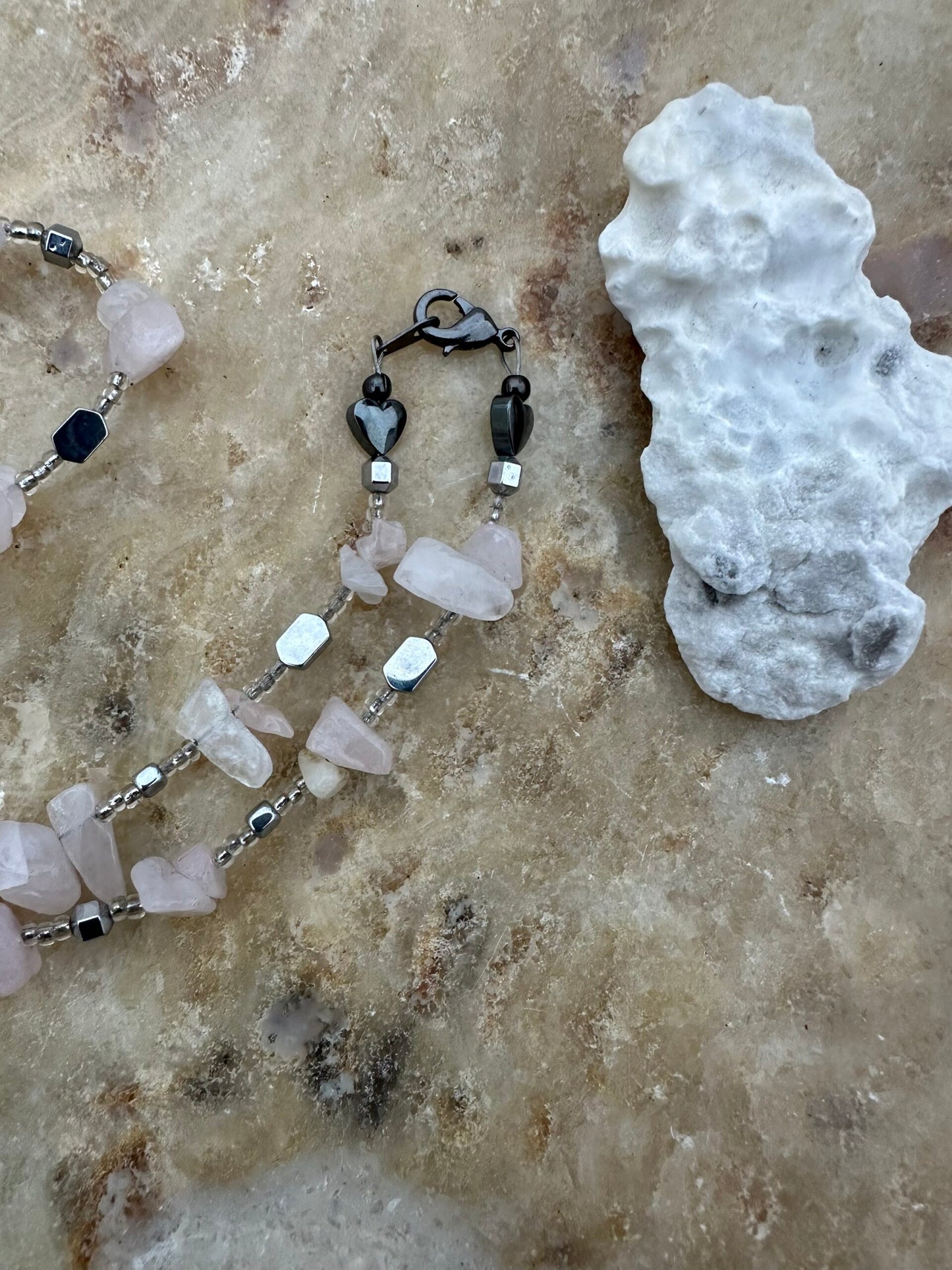 Love's Embrace Necklace: Rose Quartz and Hematite Unison
